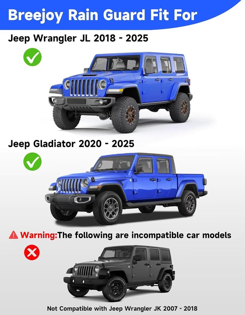 Breejoy in-Channel Window Rain Guards Fit for 2018-2026 Jeep Wrangler JL and 2020-2026 Jeep Gladiator Truck, Window Visors Window Deflectors Vent Visors Vent Shades Car Accessories -4 pcs - Image 3